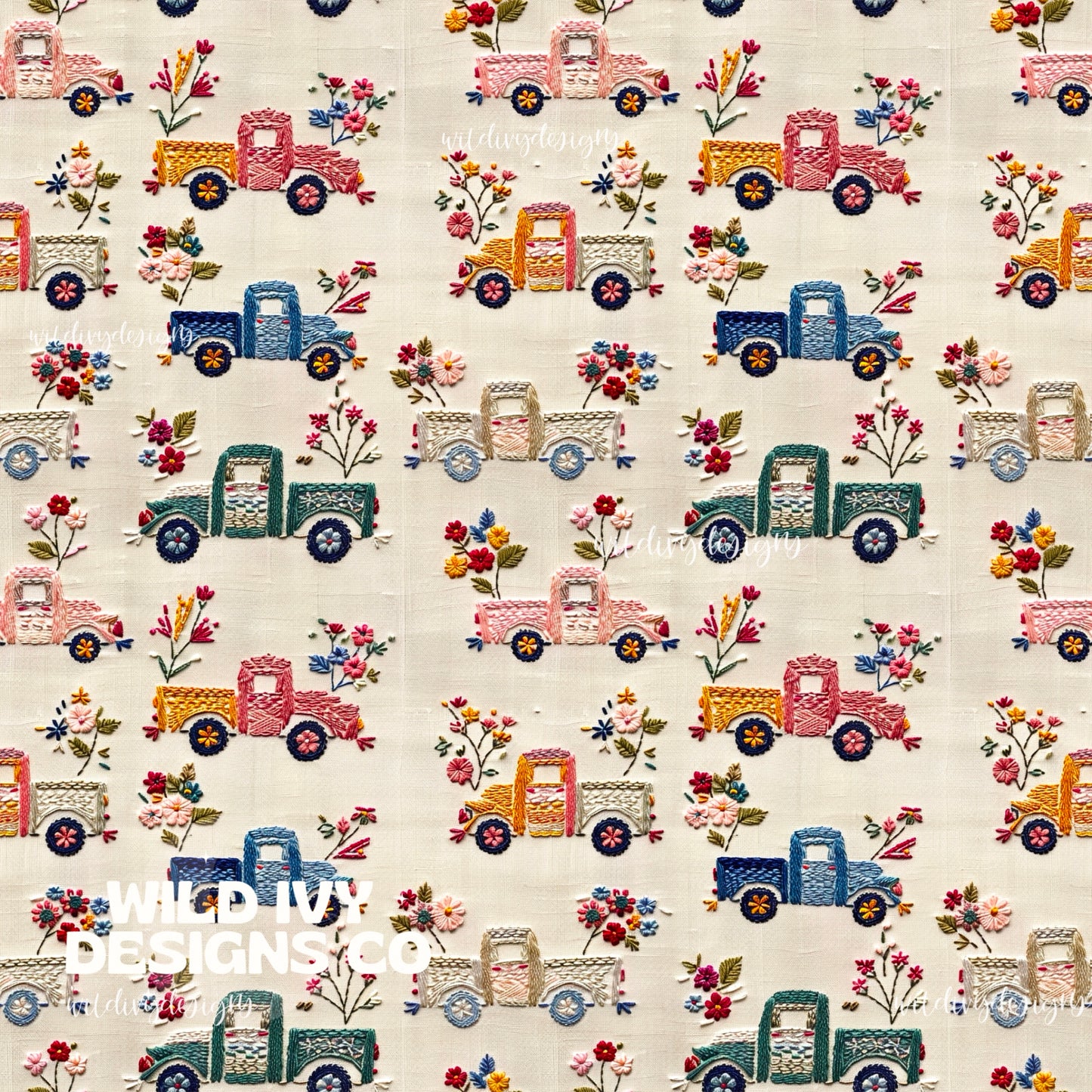 Embroidery Vintage Floral Spring Trucks