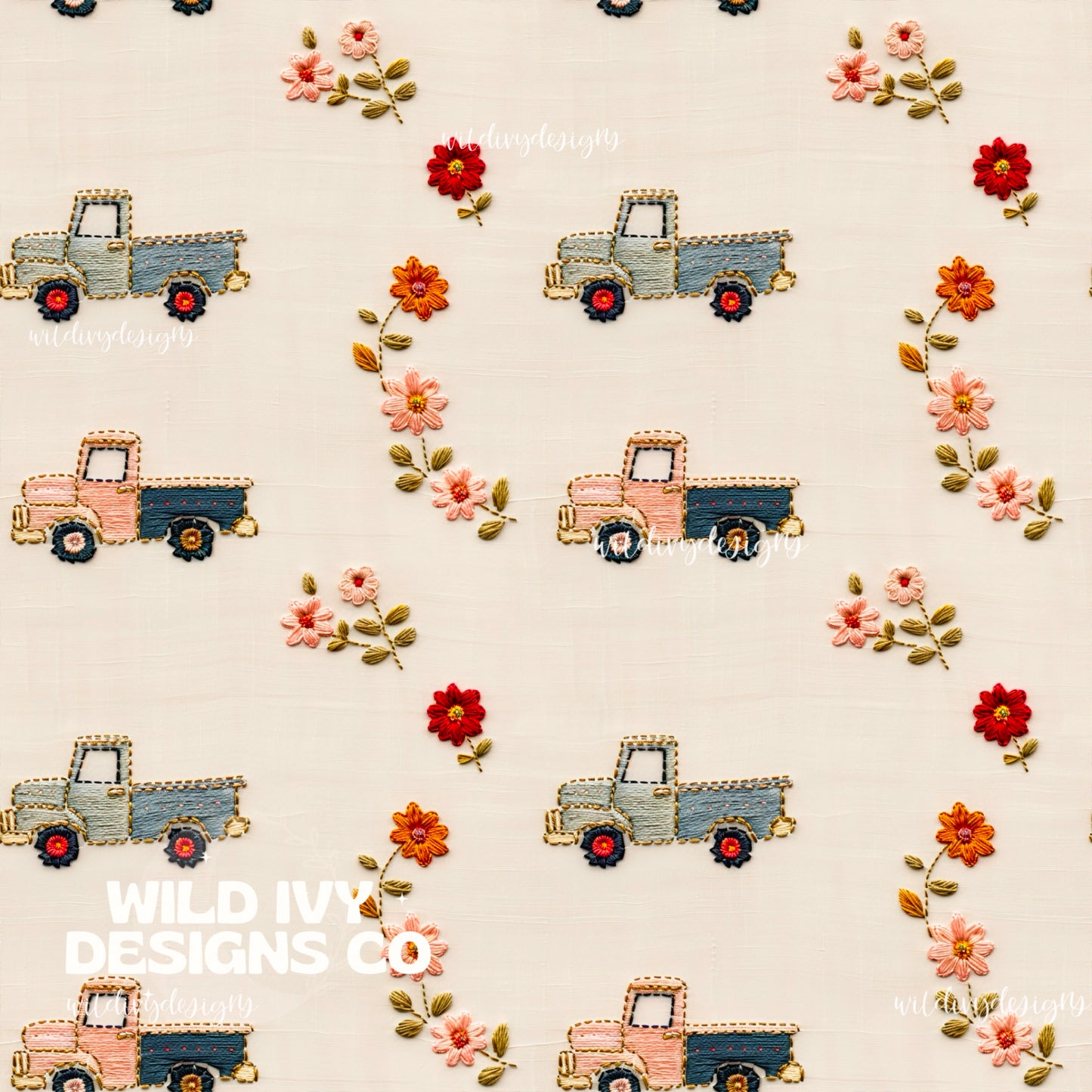Embroidery Vintage Spring Trucks