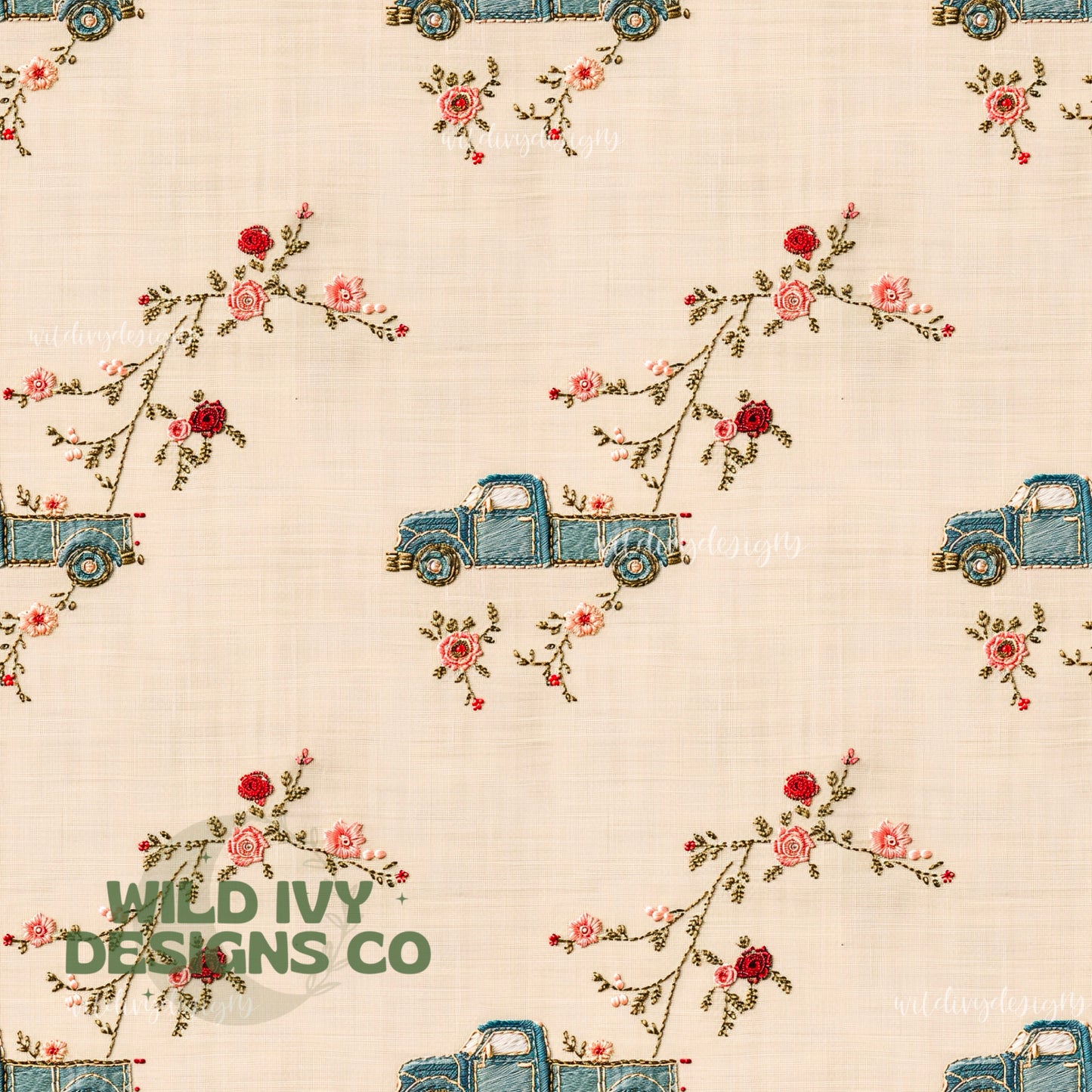 Embroidery Vintage Denim Rose Trucks