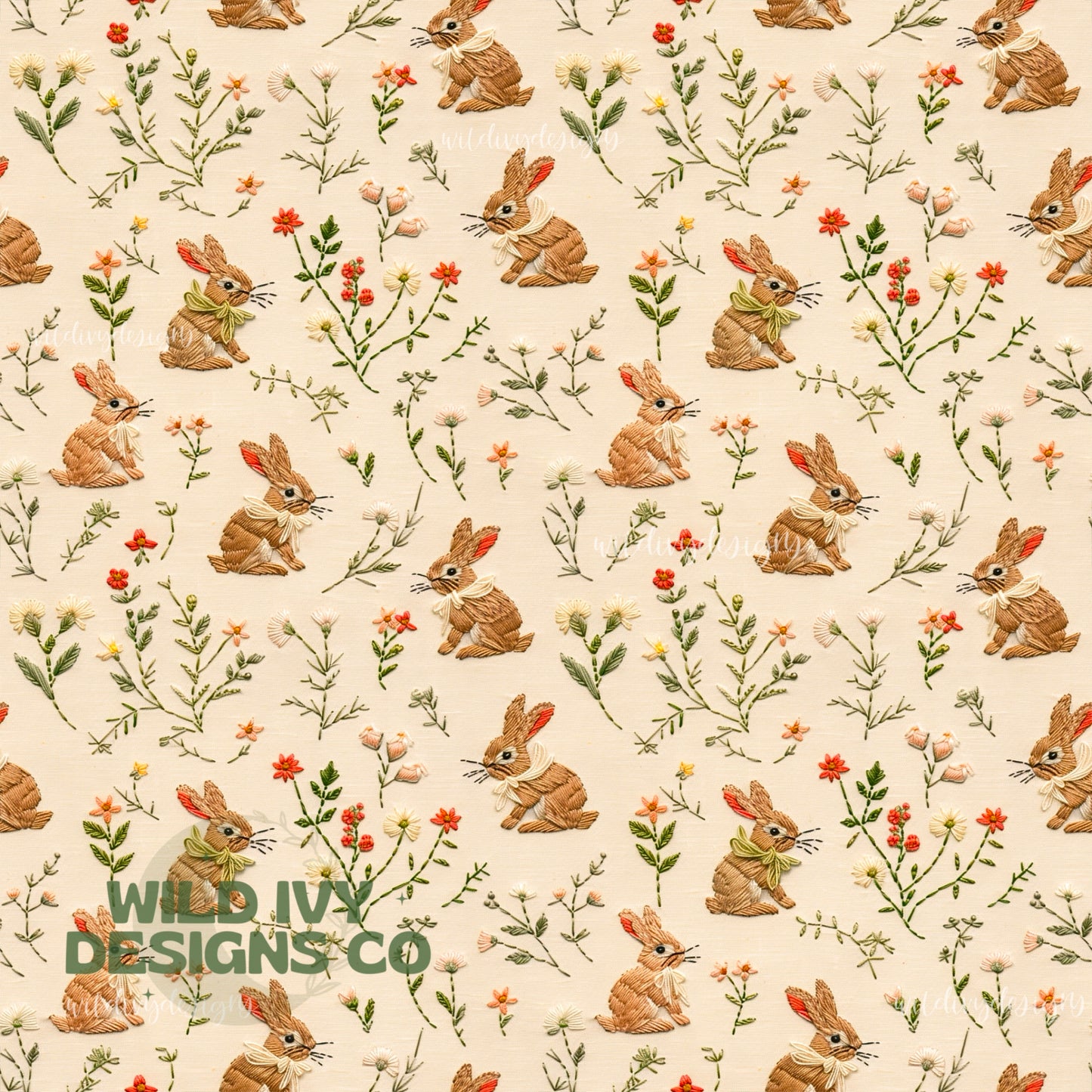Embroidery Spring Brown Floral Bunnies