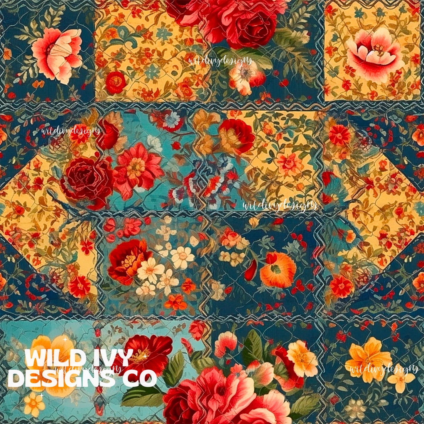 Red Yellow & Blue Vintage Patchwork Wallpaper Pattern