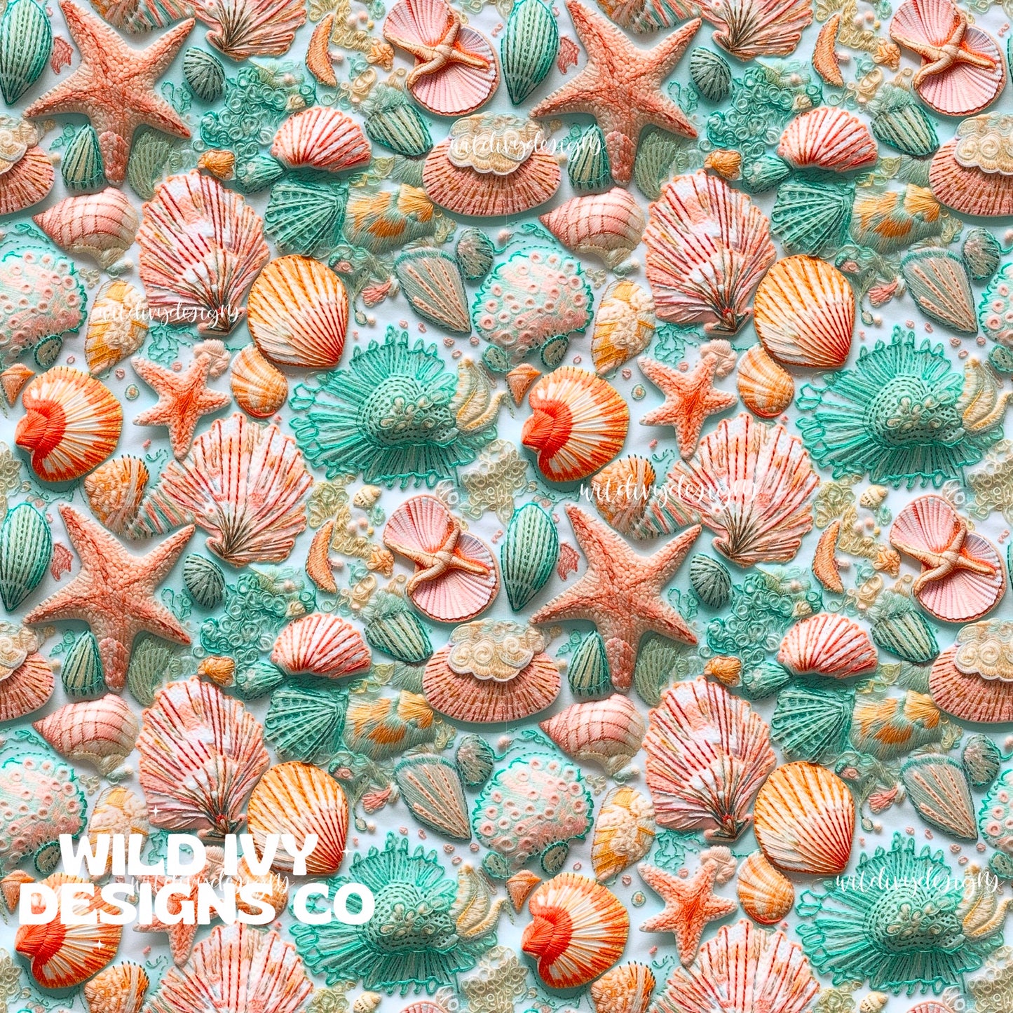 Teal and Coral Embroidered Sea Life