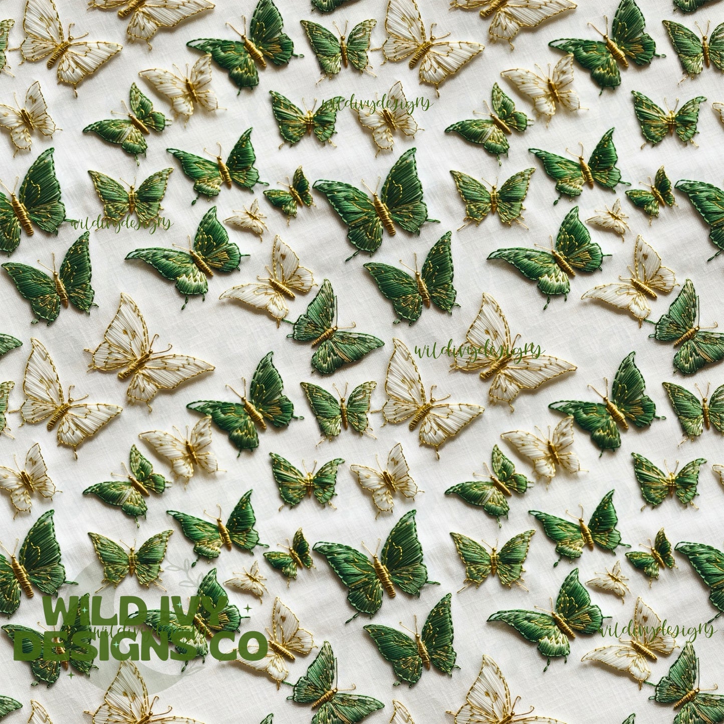 Green and White Embroidered Butterflies