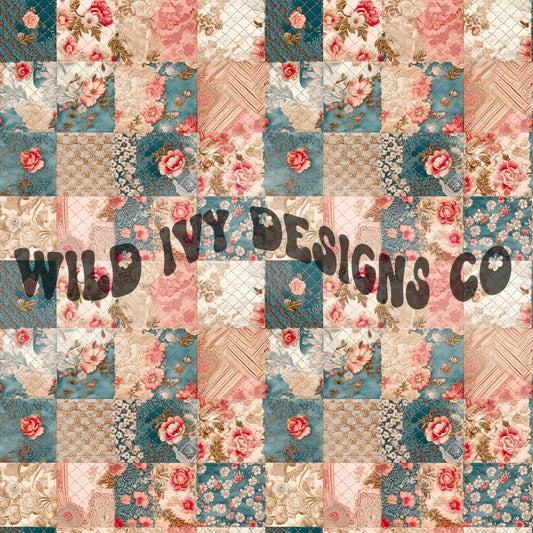 Vintage Watercolor Square Patchwork (dark blue & pink)