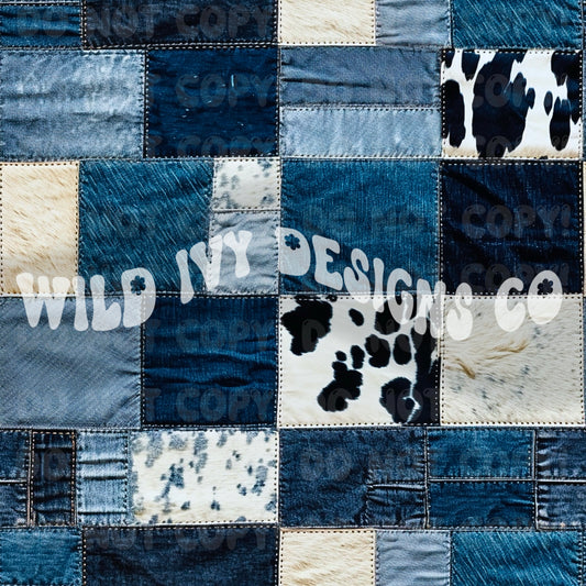 Western Denim Black & White Cowhide Patchwork