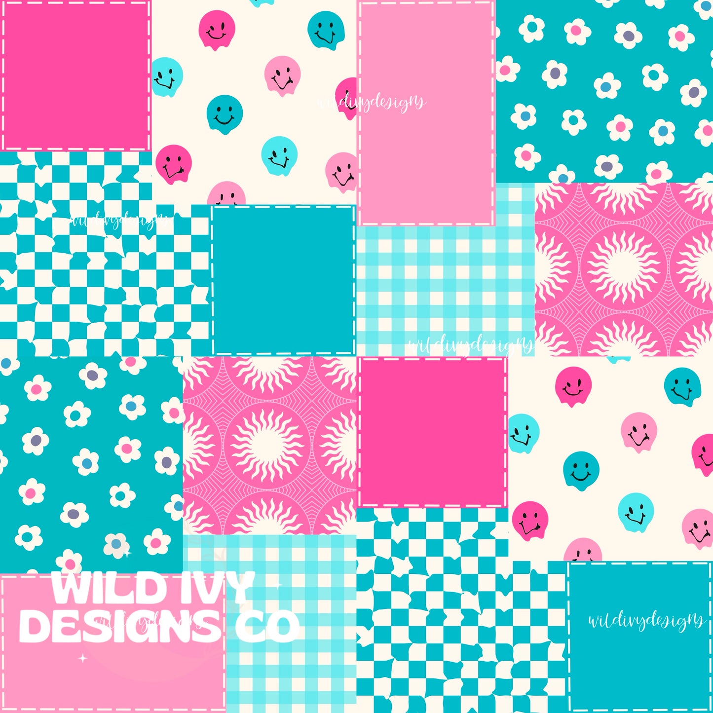 Pink and Blue Retro Summer Patchwork