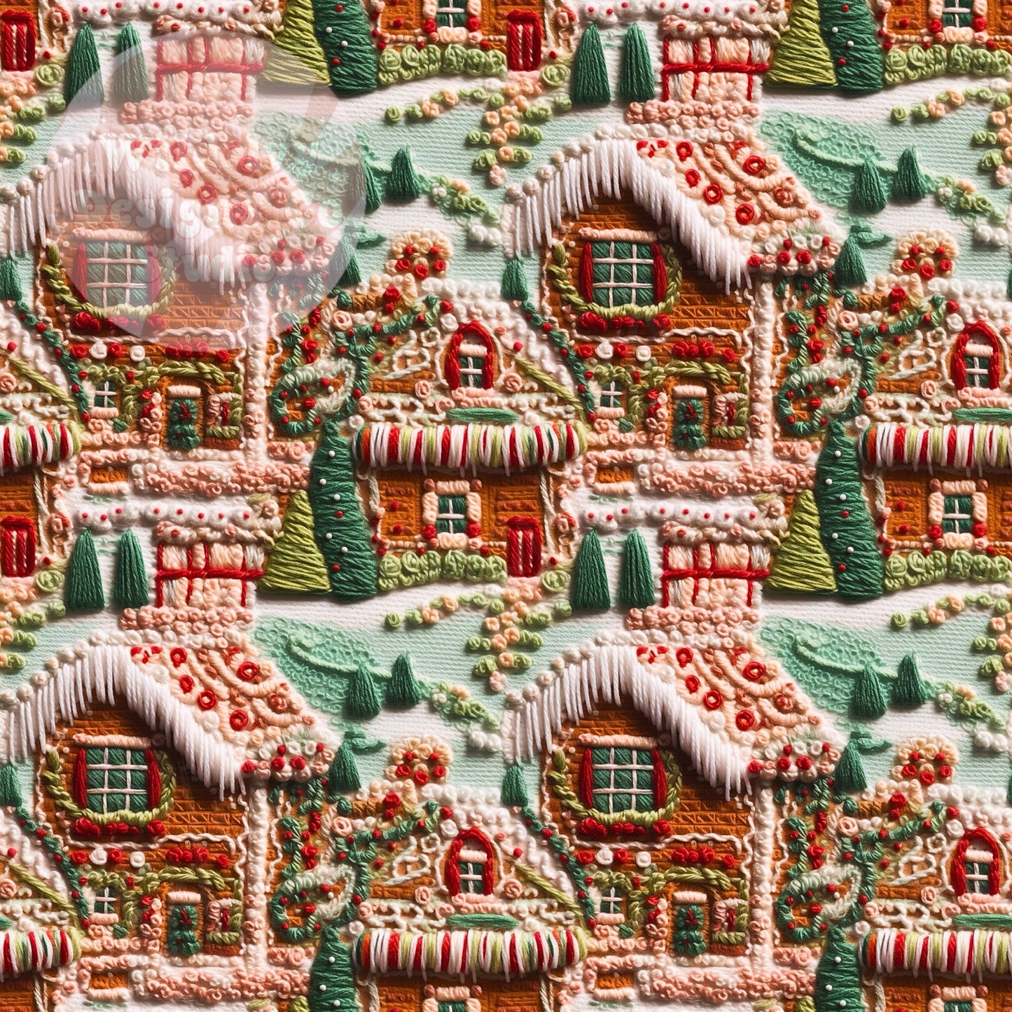 Embroidery Mint Gingerbread Houses