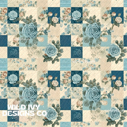 Watercolor Blue Rose Vintage Quilt Patch