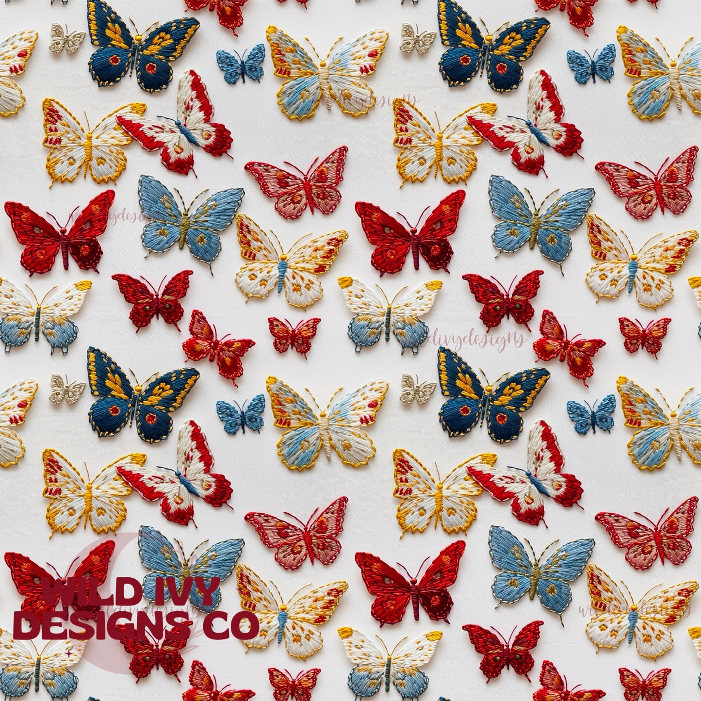 Red Blue & Yellow Embroidered Butterflies