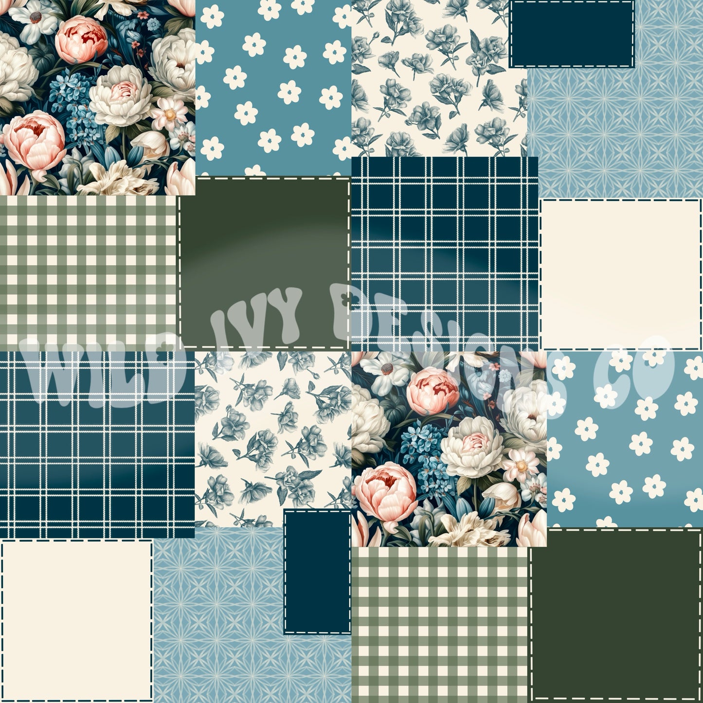 Blue Watercolor Floral Patchwork