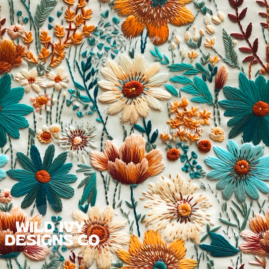 Rust and Teal Embroidery Floral