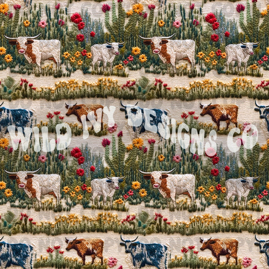 Embroidery Floral Garden Longhorns