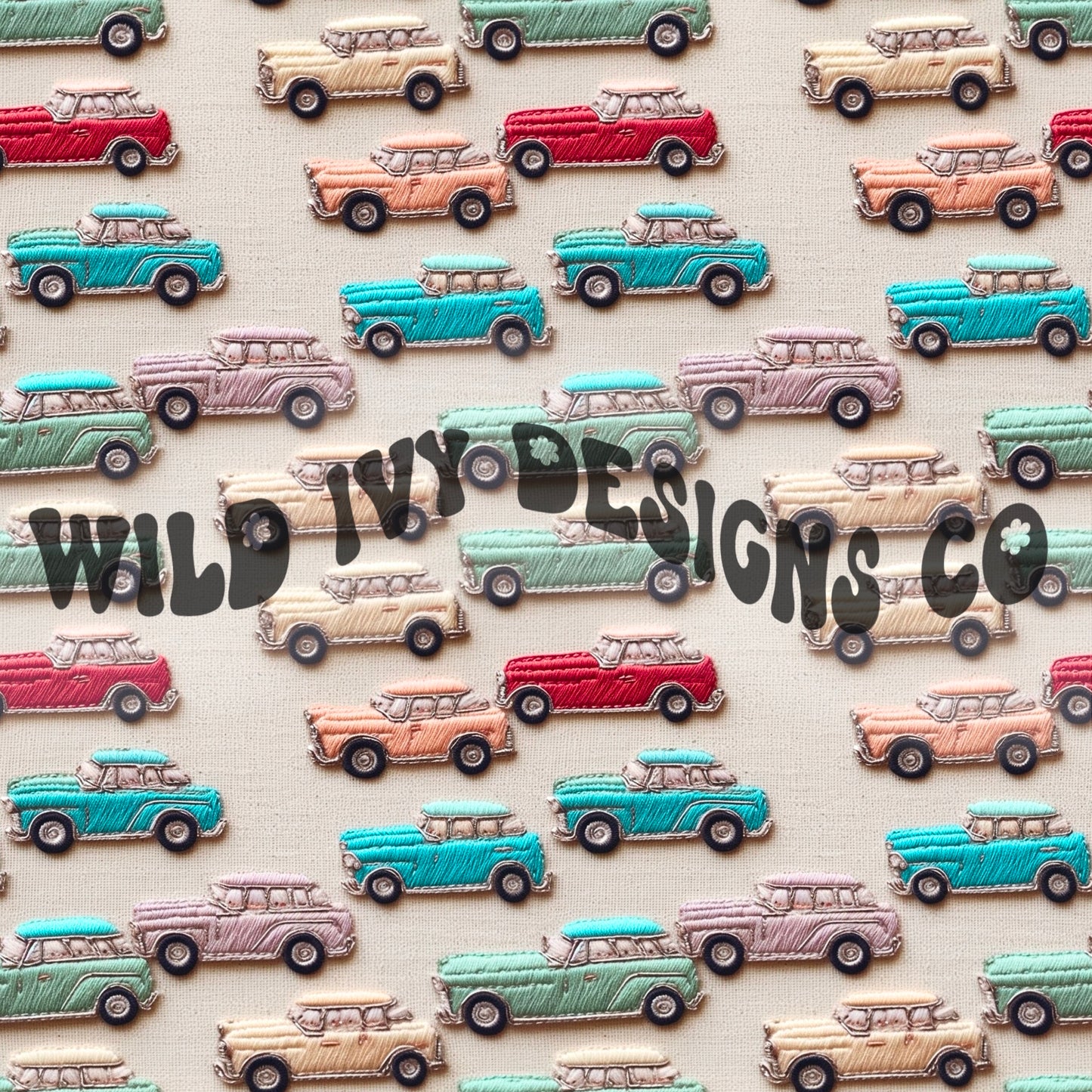 Embroidery Pastel Vintage Cars