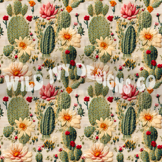 Cactus Floral Embroidery Pink & Cream Flowers