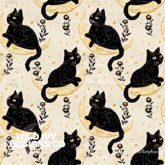 Black And Gold Embroidery Moon Kitties