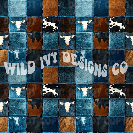 Western Denim Cow Face Patchwork