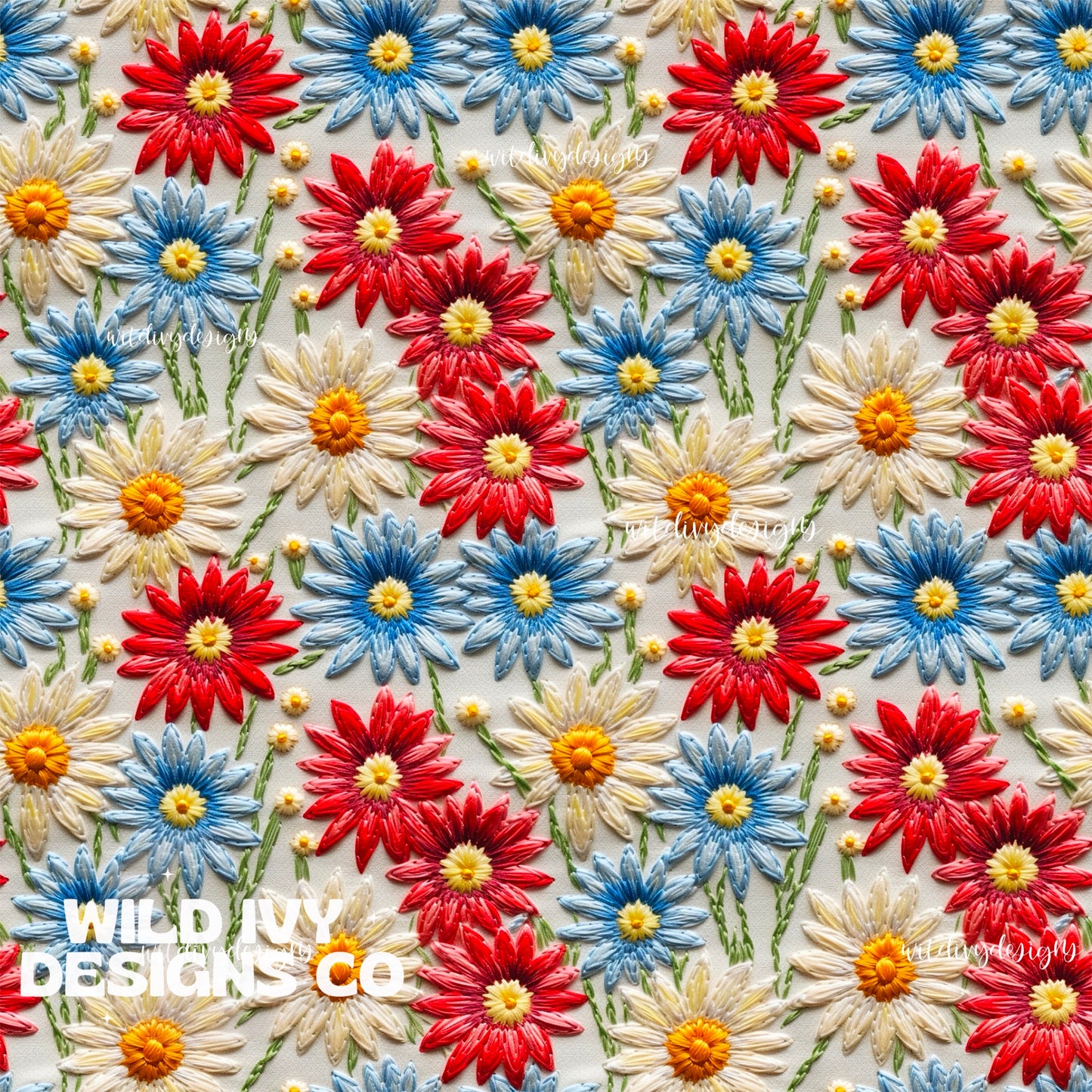 Red Blue & White Daisy Embroidery