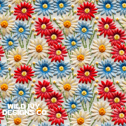 Red Blue & White Daisy Embroidery