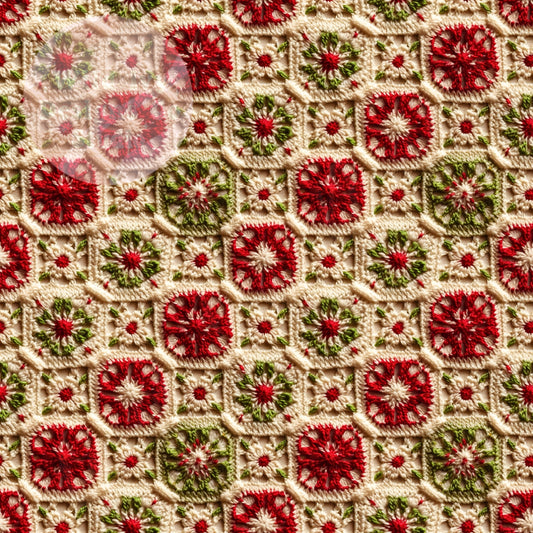 Vintage Red & Green Crochet Square Quilt