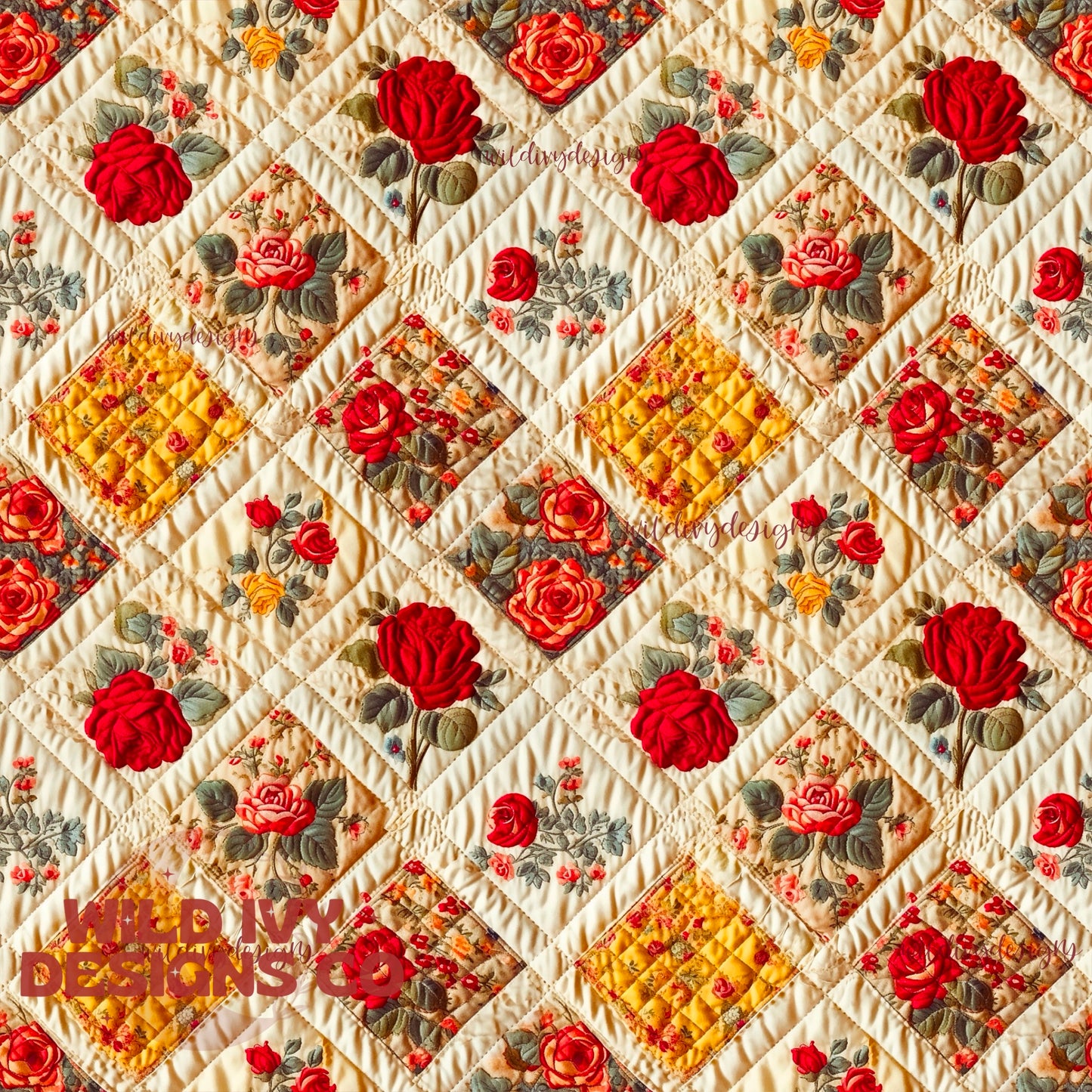 Vintage Diamond Red And Yellow Rose Quilt