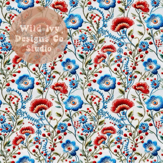 Red White & Blue Embroidery Wildflowers