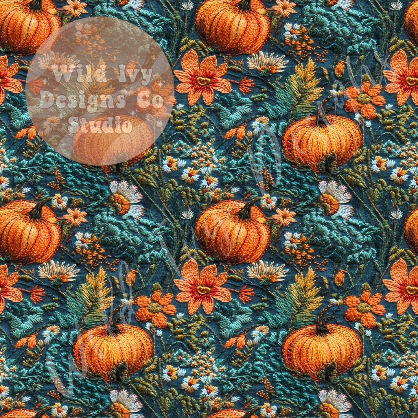 Embroidery Blue Floral Orange Pumpkins