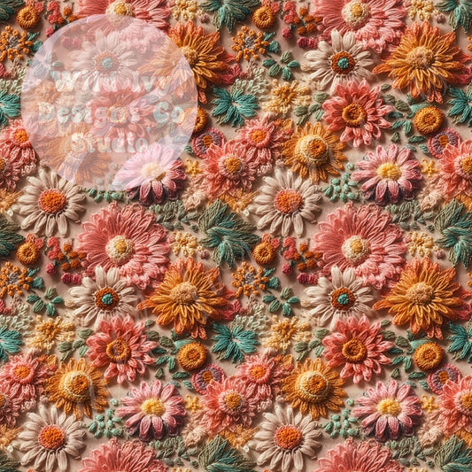 Teal and Rust Floral Embroidery