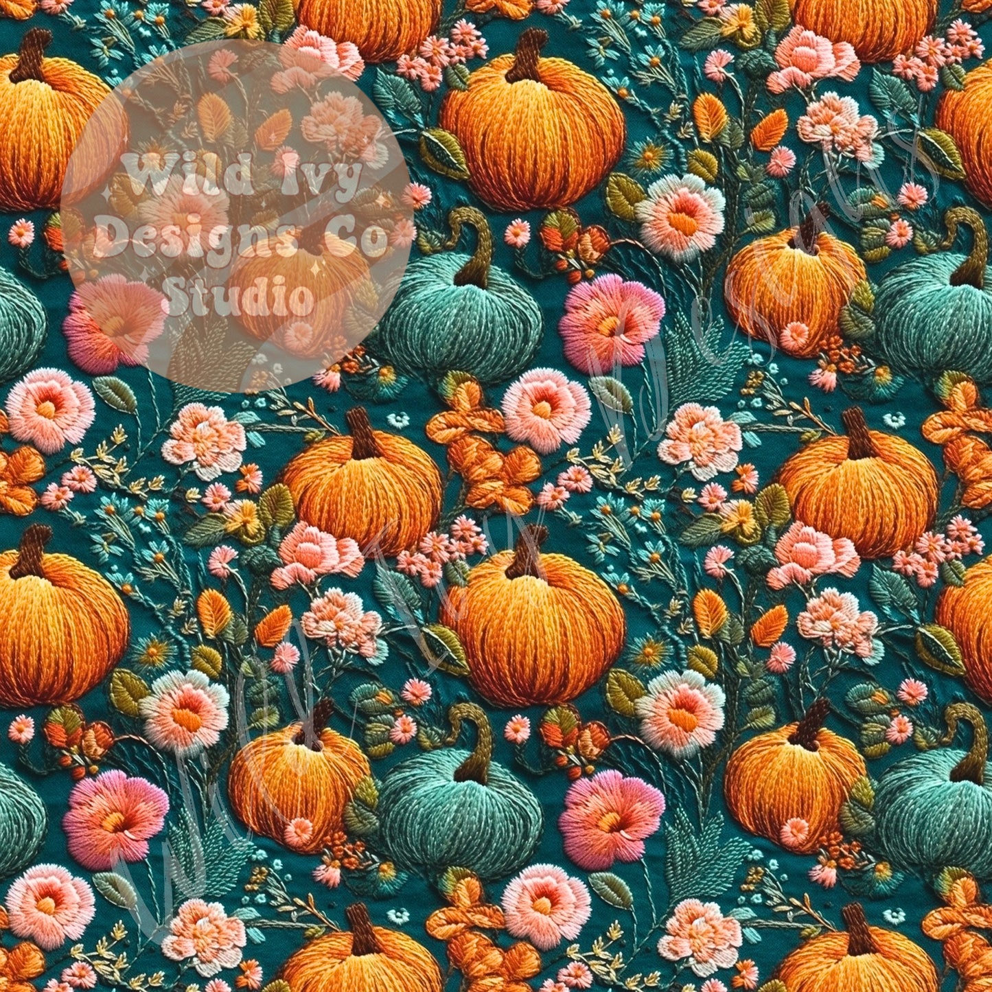 Embroidery Floral Teal & Orange Pumpkins