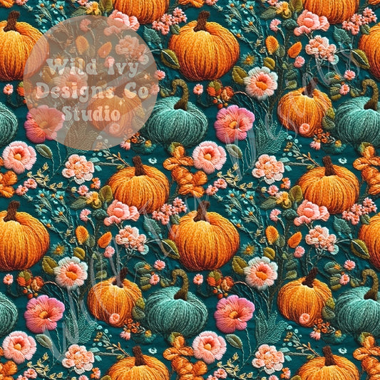 Embroidery Floral Teal & Orange Pumpkins