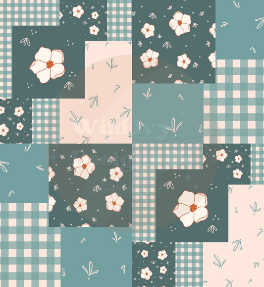 Cream & Dusty Blue Floral Quilt Patchwork