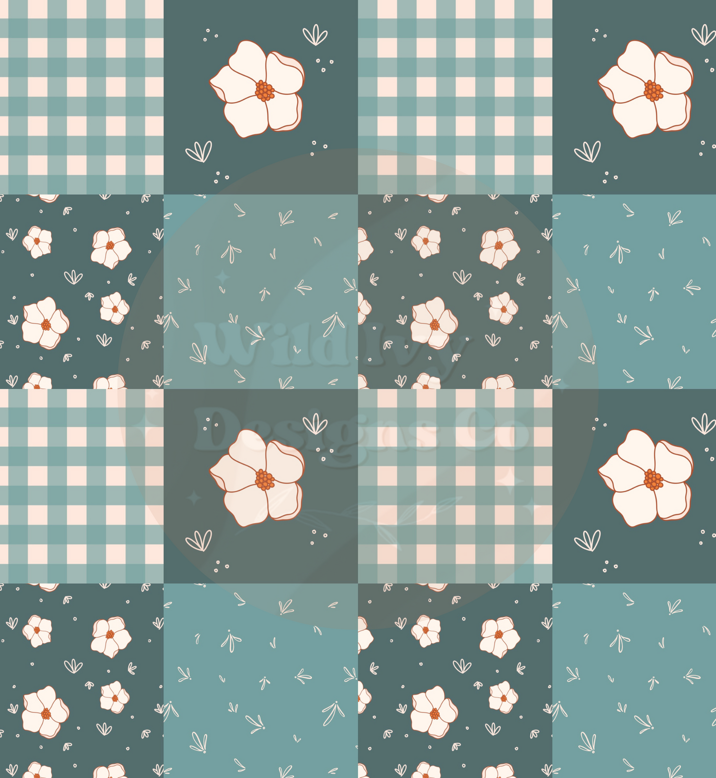 Cream & Dusty Blue Floral Patchwork Checks