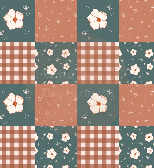 Cream, Dusty Blue & Brown Floral Patchwork Checks